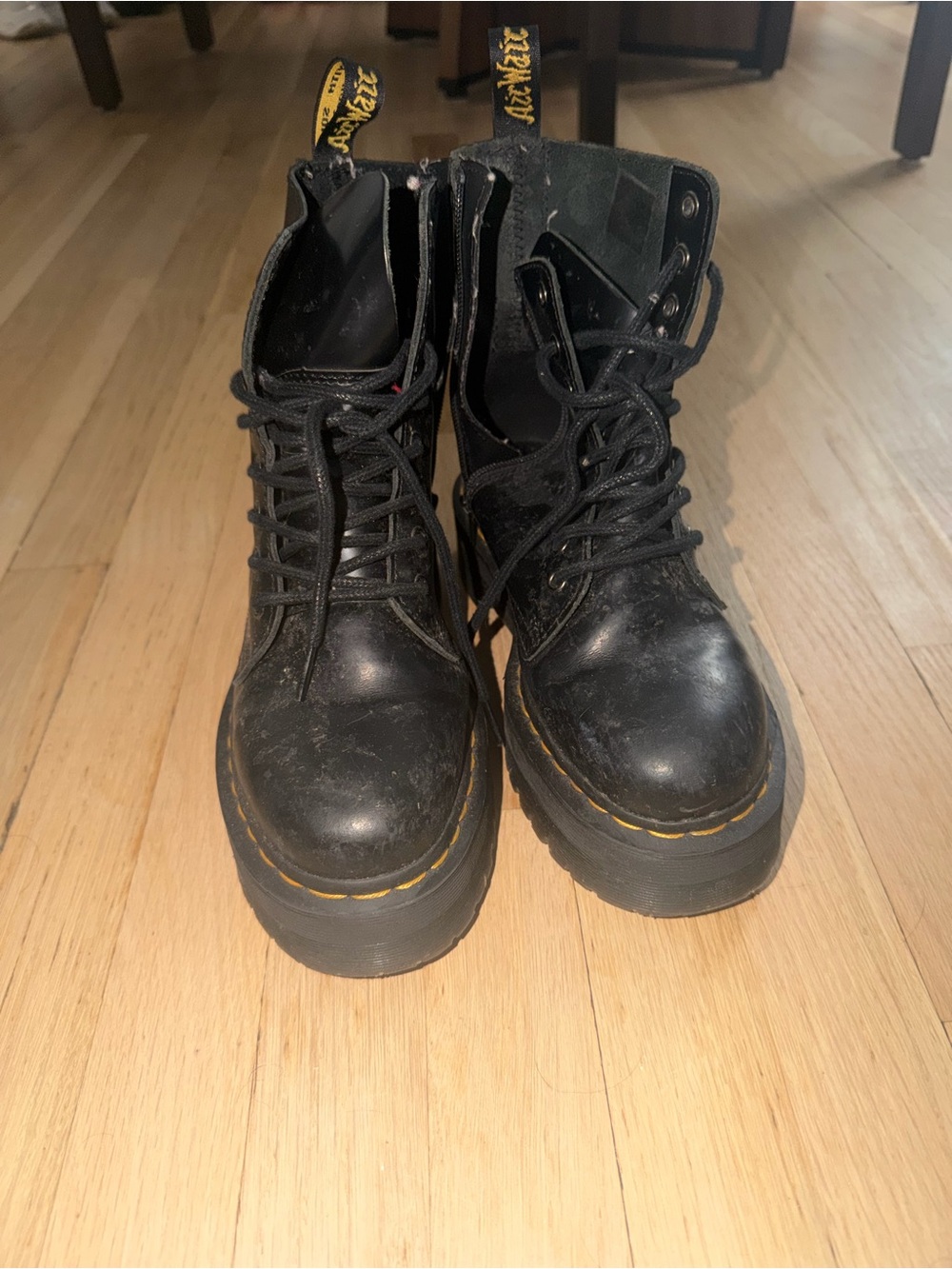 Dr. Martens Black Leather Platform Lace-Up Boots with Yellow Stitching
